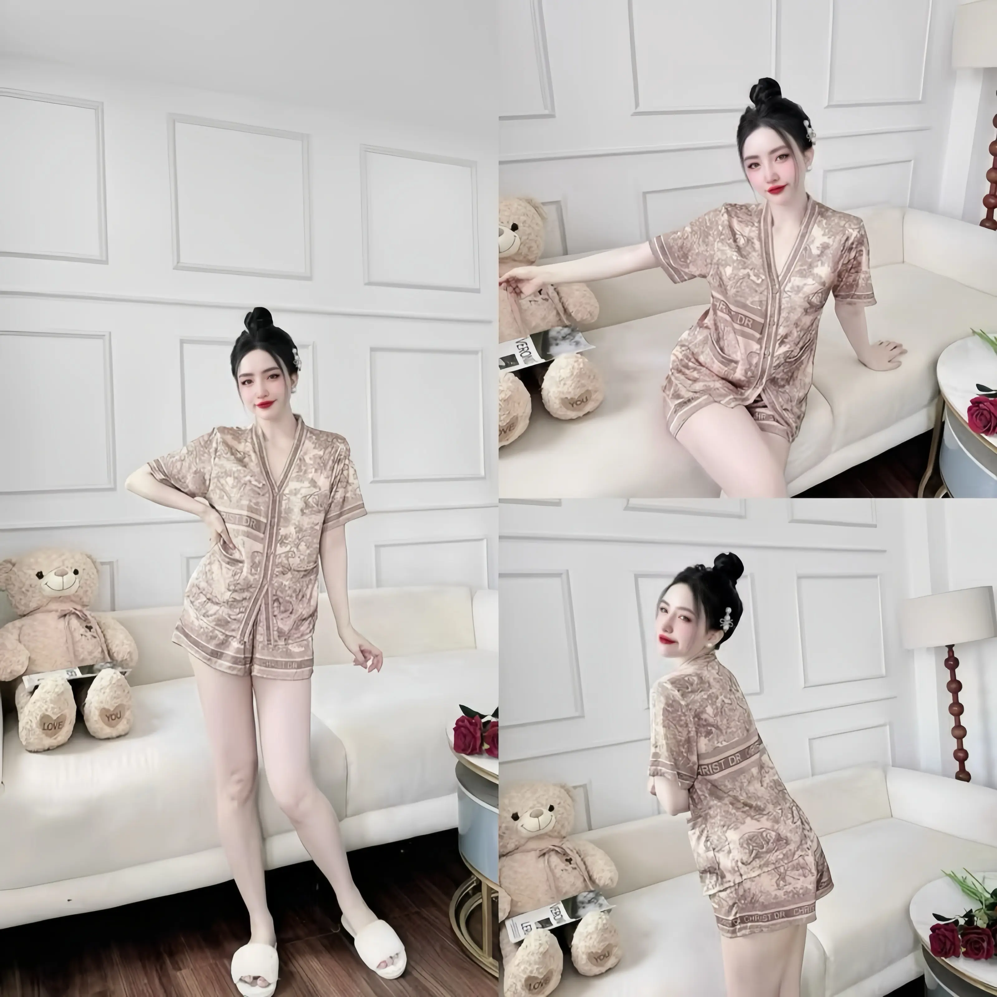 Hisexy Set Đồ ngủ nữ pijama mặc nhà set bộ đồ ngủ pyjama Lụa Latin cộc tay quần đùi P10