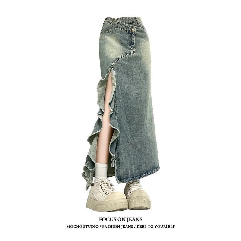 Chân Váy Denim Xẻ Tà Bất Đối Xứng Đuôi Cá, Phong Cách Cổ Điển Dành Cho Nữ, Màu Xanh Dương Cổ Điển Với Gợn Sóng Ren, Cạp Cao, Cỡ Nhỏ Gọn, Chân Váy Bodycon Cô Gái Nóng Bỏng, Năm 2024 1