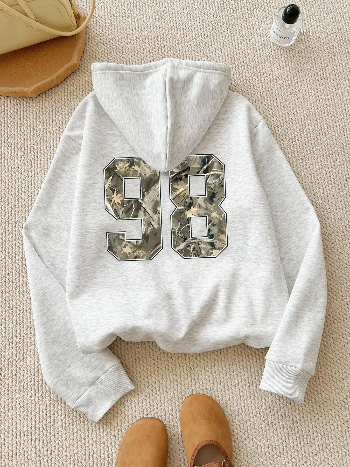 Women's Camo Number Print Thermal Lined Hoodie, Casual Long Sleeve Hooded Sweatshirt for Fall & Winter, Women's Clothes for Daily Wear