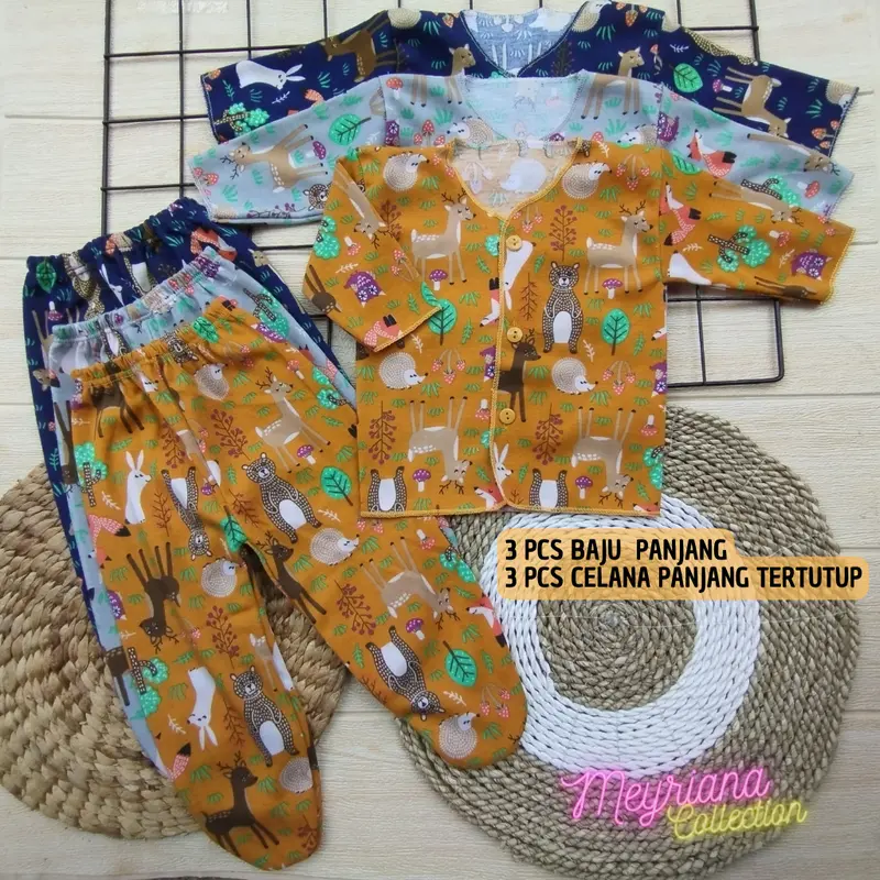6 PCS Baju Bayi Lengan Panjang dan Celana Panjang Tutup Bayi Baru Lahir Motif Printing Animals Zoo 0