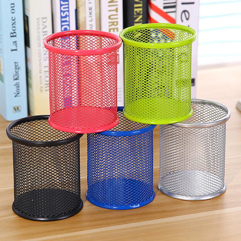 Iron Pen Holder Hollow Desktop Storage Bucket Student Stationery Multi-functional Office Black Color Round Square Pen Holder 1