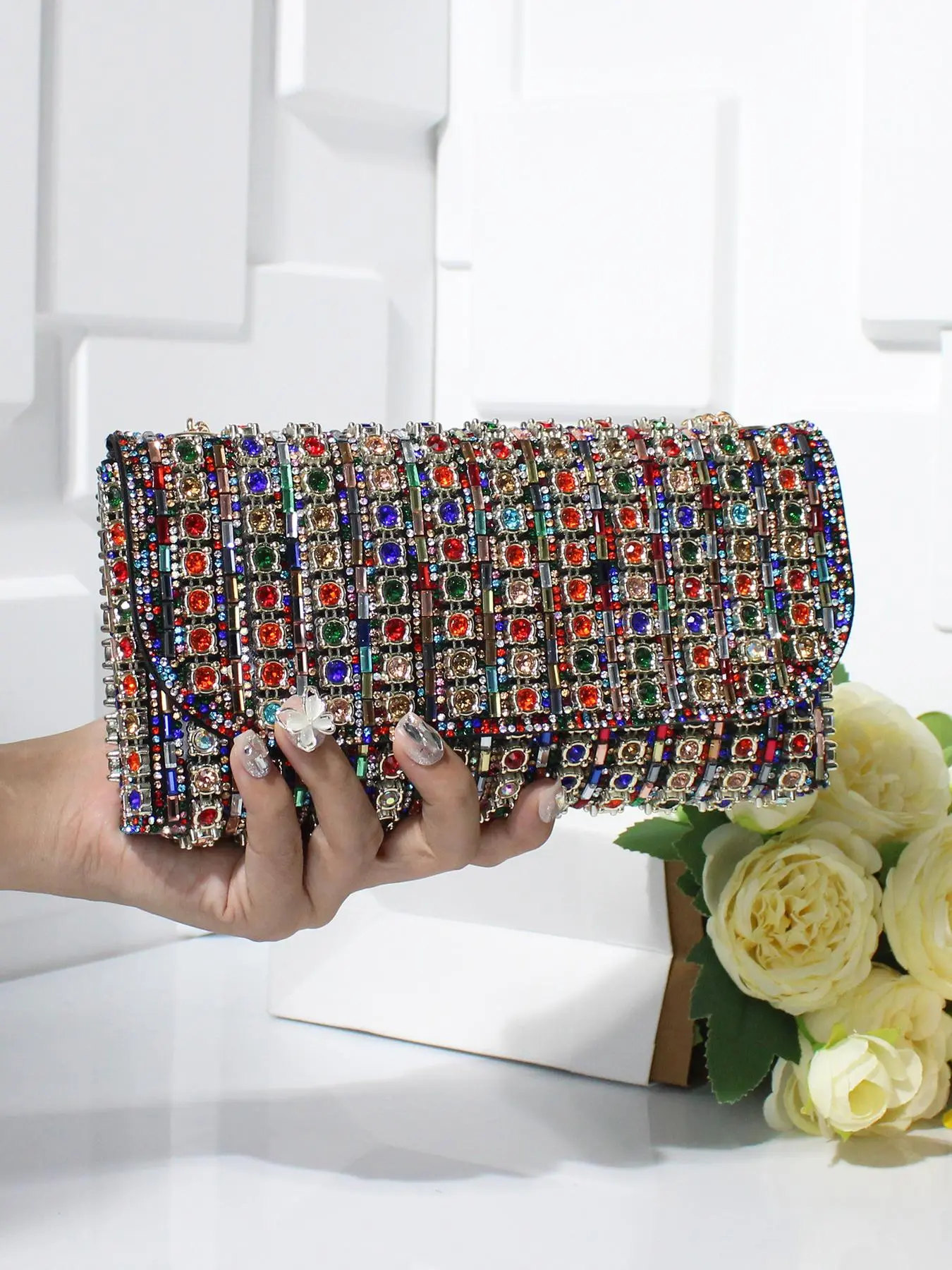 Women's Elegant Rhinestone Decorated Evening Bag, Exquisite Trendy Clutch Bag, Fashionable Bag for Party Decoration