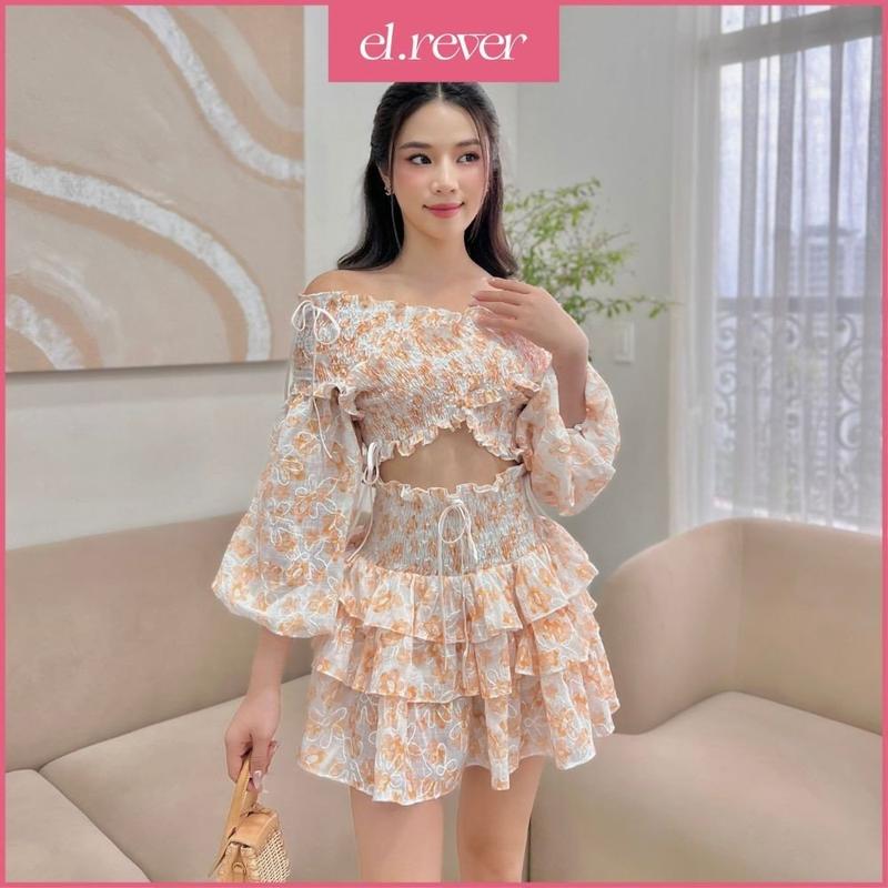 EL.RÊVER - Set áo trễ vai và chân váy xòe tầng tiểu thư - Màu cam - 0523S56