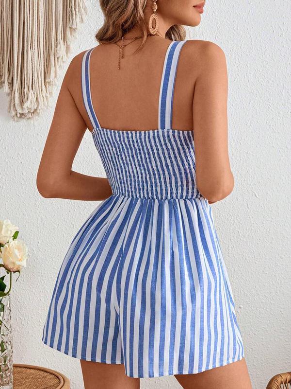 Women's Solid Color / Stripes Print Cut Out  Romper, Casual Fashion Romper for Summer, Women's Clothes for Beach Holiday 5