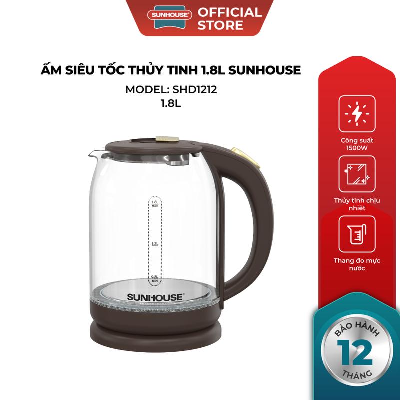 Ấm siêu tốc thủy tinh 1.8L Sunhouse SHD1212 - 1500W - Thang đo mực nước tiện lợi - Tự ngắt khi quá nhiệt