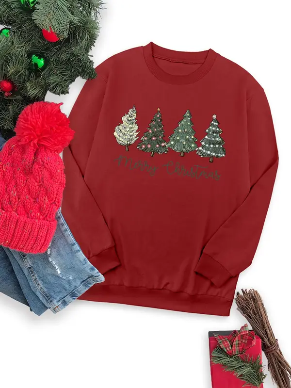 Women's Christmas Tree & Letter Print Round Neck Sweatshirt, Casual Long Sleeve Crew Neck Pullover for Fall & Winter, Women's Clothes for Daily Wear 4