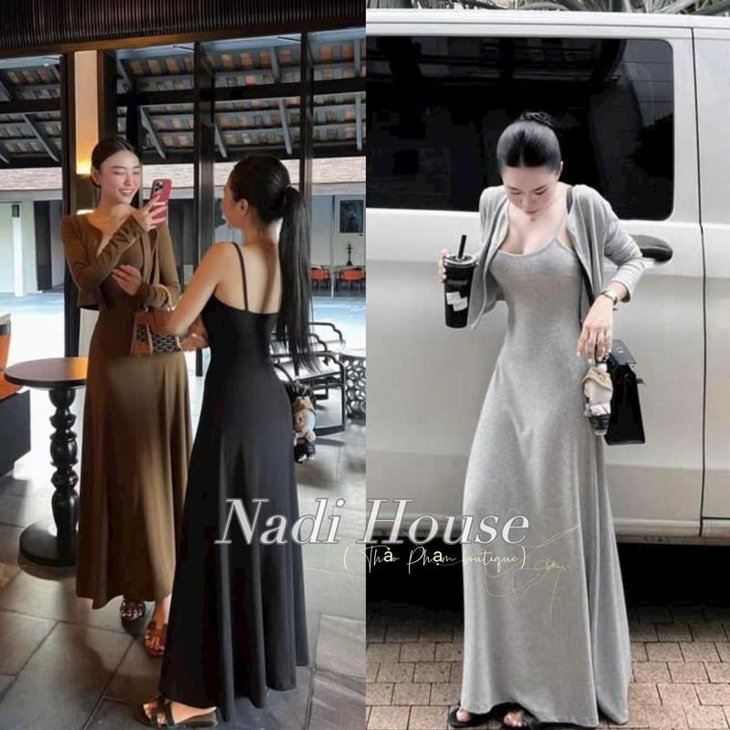 SET VÁY 2 DÂY DÁNG A DÀI KÈM KHOÁC LỬNG CHẤT GÂN TĂM 3 màu đen nâu xám kèm ảnh thật sàn Nữ Women