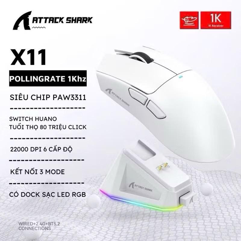 Chuột Gaming không dây Attack Shark X11 dock sạc / Attack Shark R1 / 3 chế độ kết nối / PAW 3311 / Có app Marco / Tặng kèm Grip Tape chống mồ hôi tay