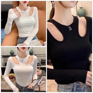 Áo kiểu thun tay dài croptop phối xẻ vai cho nữ