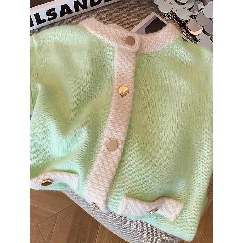 Áo Cardigan Dệt Kim, Trang Trí Tương Phản, Nút Phía Trước, Tay Áo Dài, Phong Cách Thường Ngày Thích Hợp Cho Mùa Xuân Và Mùa Thu, Quần Áo Nữ 2