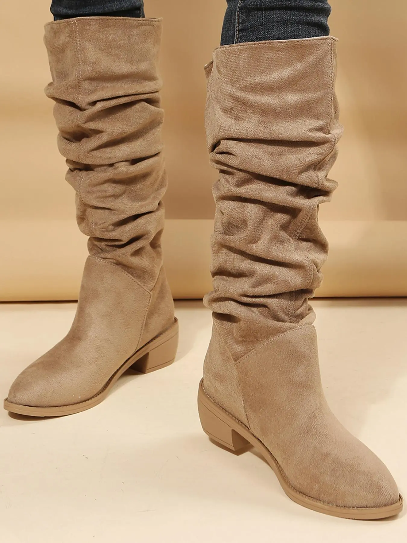 Women's Fashionable Plain Slouchy Boots, Simple Design Slouchy Boots, Casual Pointed Toe Slip-on Boots for Fall & Winter
