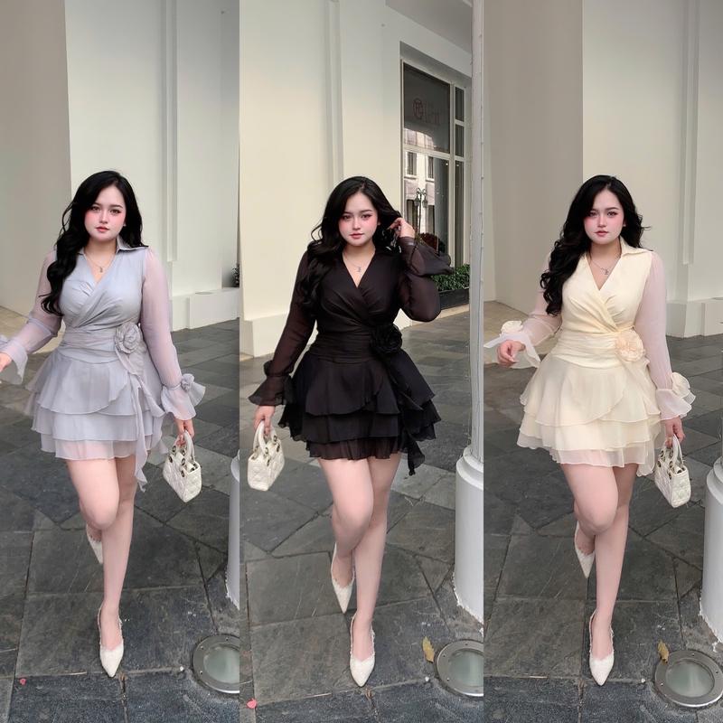 Đầm chéo tay loe cổ sơ mi 55-90kg Quỳnh như bigsize chất tơ nến