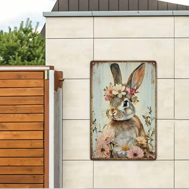 2DYNLLOOFA Vintage Bunny with Floral Wreath Metal Tin Sign, Rustic Iron Wall Art for Home, Garden, Gym, Cafe, Garage 3
