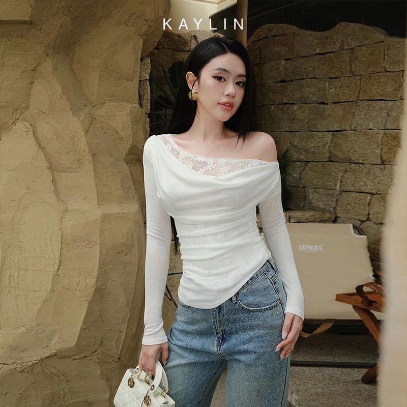 Áo Kiểu KAYLIN Tay Dài Lệch Vai Phối Ren Chất Vải Lụa Thun Mỏng Nhẹ Phong Cách Gợi Cảm - N2363 Nữ Women Top Cotton