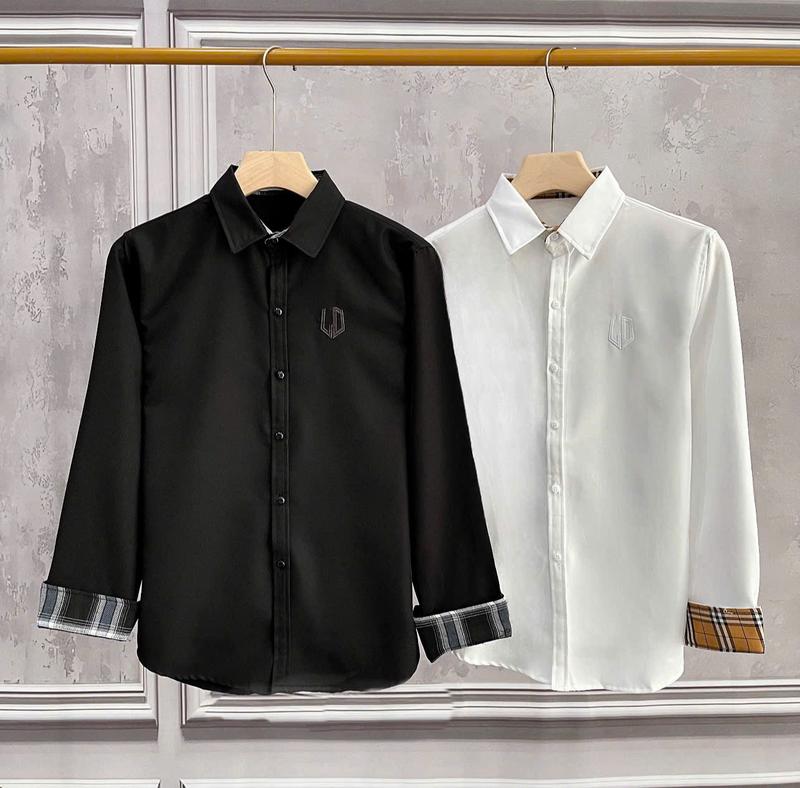 Áo sơ mi nam tay dài thêu chữ cổ ,tay phối caro mặt trong vải dày dày mịn màu đen, trắng-CS77 STORE Menswear Shirt