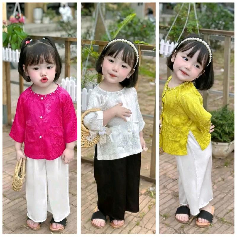 BBTT02 -bộ Áo bà ba Truyền thống tay lở+ quần lụa bóng mềm mịn Cho Bé Polo 8-32kg - có Cổ,thiết kế đính ngọc ở cổ và cúc áo 2b tặng 1 vòng