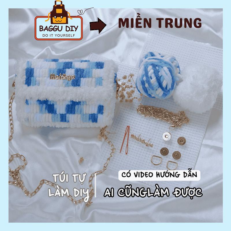 Túi tự đan handmade, set nguyên liệu túi len tự đan LOANG MÀU, có ĐAN SẴN, đầy đủ nguyên liệu (19cm×13cm×5cm), kèm video hướng dẫn chi tiết BAGGU DIY A09 Tote Nữ Kem