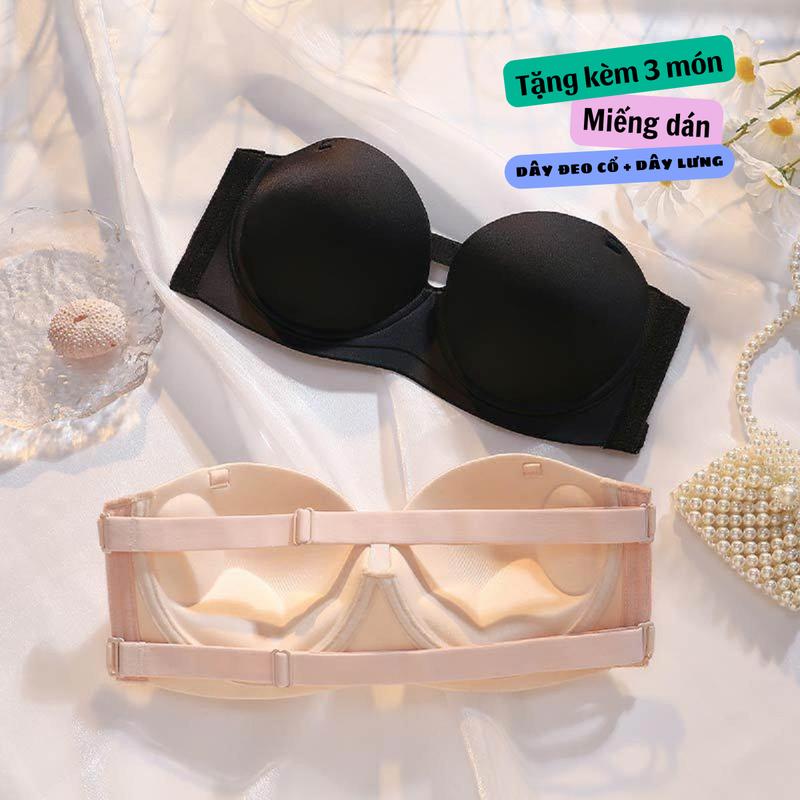 Áo Lót Bra Nữ Cúp Ngực Không Dây Chống Tụt Chất Su Kèm Phụ Kiện Mặc Nhiều Kiểu hai màu đen da ( Women ÁO KHÔNG DÂY) Kem Voi Nhung