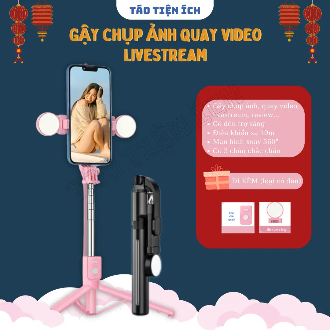 Tripod Chụp Ảnh 3 Chân, Gậy Chụp Ảnh Selfie 3 In 1 Quay Video Livestream Có đèn Led Kèm Điều Khiển Bluetooth