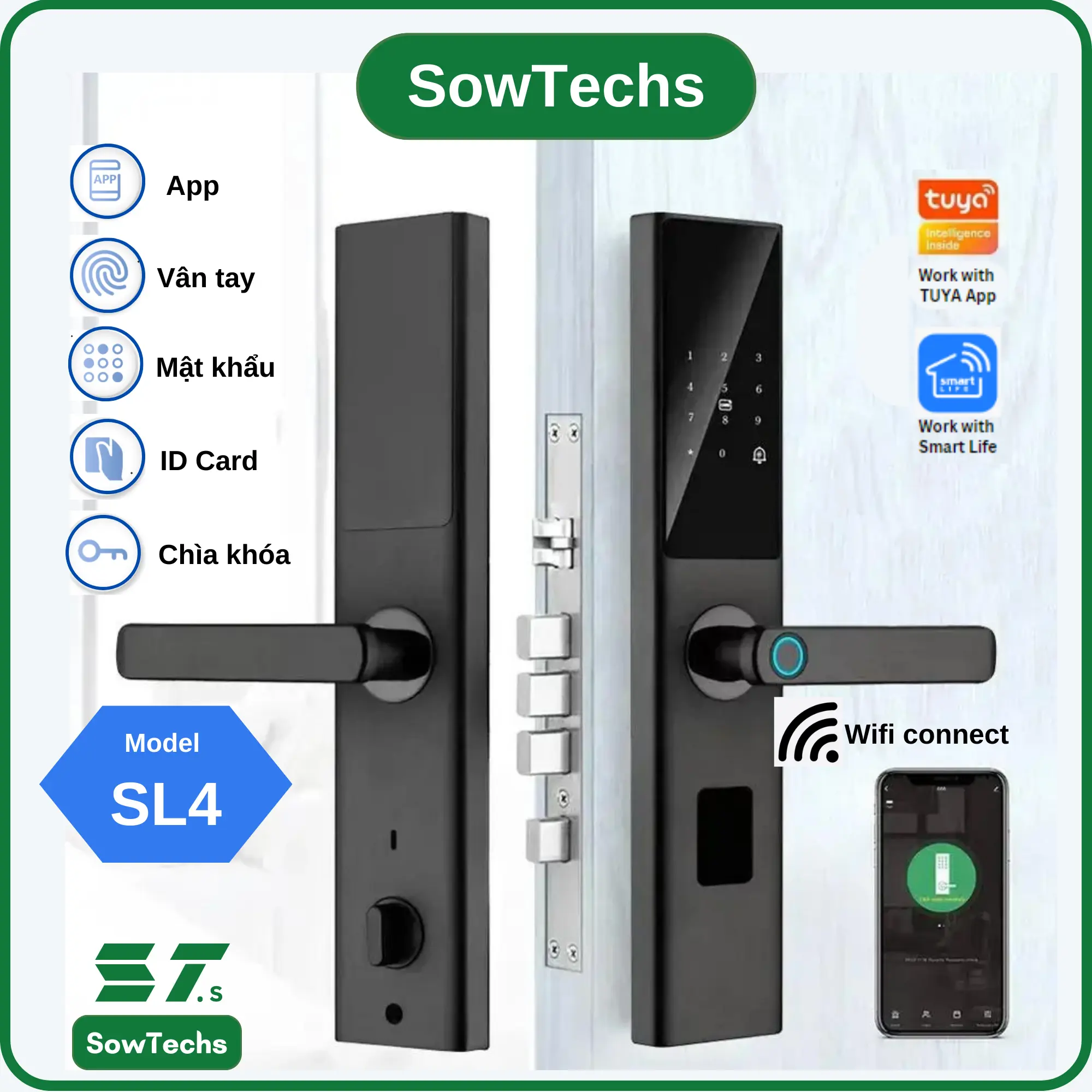 [SowTechs] Khóa Vân tay cửa Gỗ/Nhựa Composite SL4, tiện lợi, mở khóa 5 CÁCH: Vân tay, App Wifi, Mã Pin, Thẻ ID, Chìa cơ.