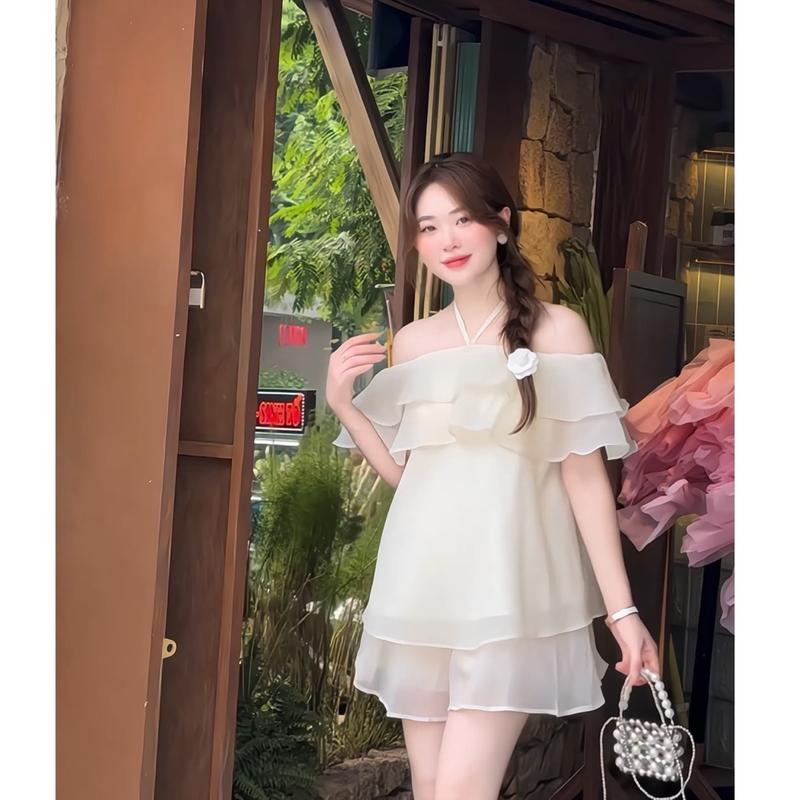 XẢ KHO Shelasset Set bộ áo tơ trễ vai cổ yếm kèm quần váy dáng rộng tiểu thư Hàn Quốc set áo quần tiểu thư DILYSHOP_ S102
