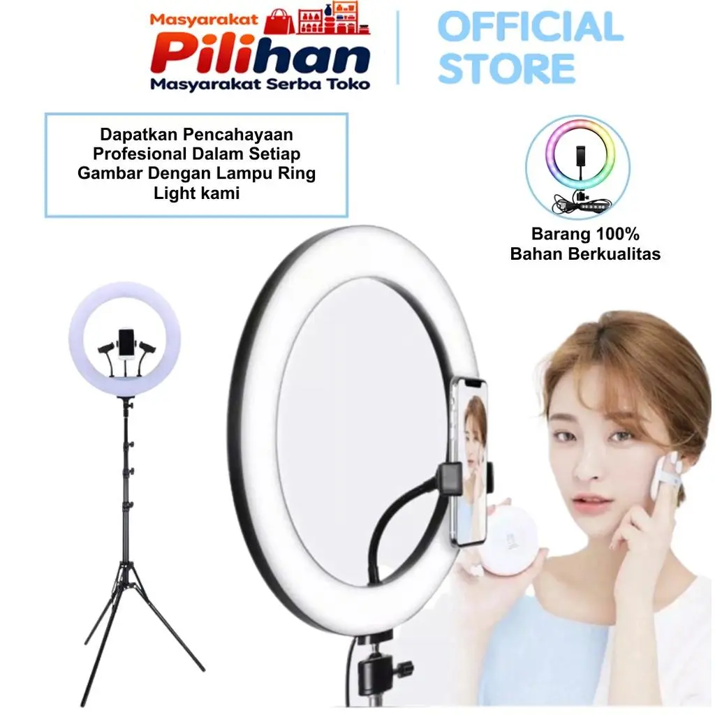 Mike Toko Serba Ada Lampu Ring Light RL01 Set LED 26cm + Tripod 2.1m + Phone Holder Complete Selfie Set Ringlight dengan Dimmable Brightness dan Holder Universal 360°