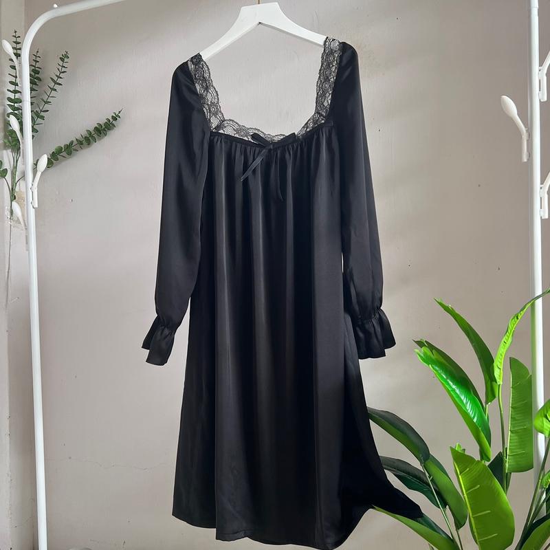 Đầm Ngủ, Cổ Vuông Viên Ren Tay Dài Cho Nữ, Chất Liệu Lụa Trơn, Mịn, Mềm, VD02 Váy Ngủ   Dress Women