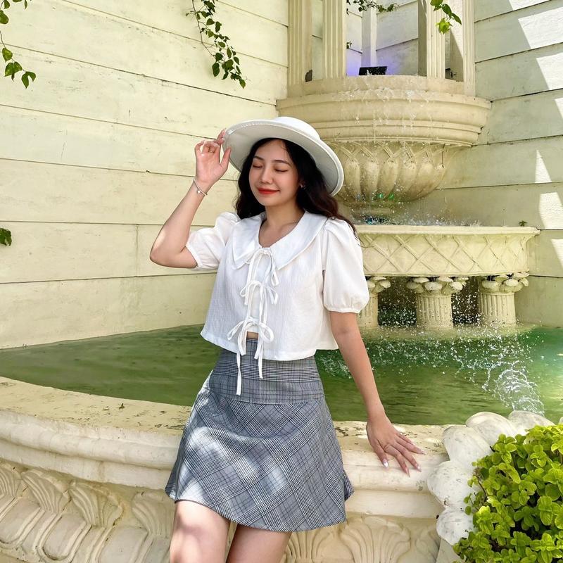 (Ảnh thật)Áo croptop tay phồng cột nơ 2