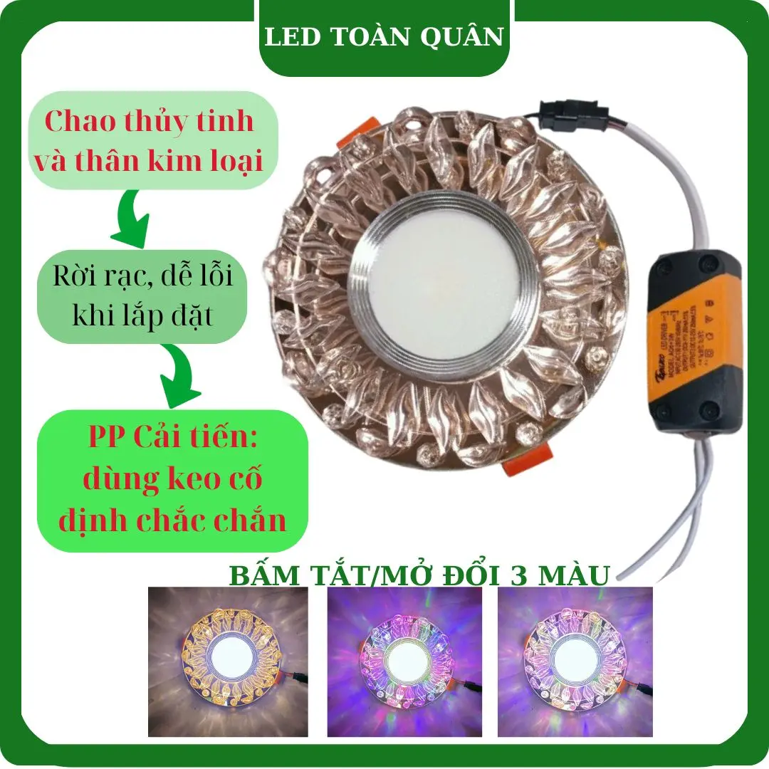 Đèn âm trần 3 màu lỗ khoét 60 Không có remote - Đổi 3 màu thủy tinh pha lê đẹp