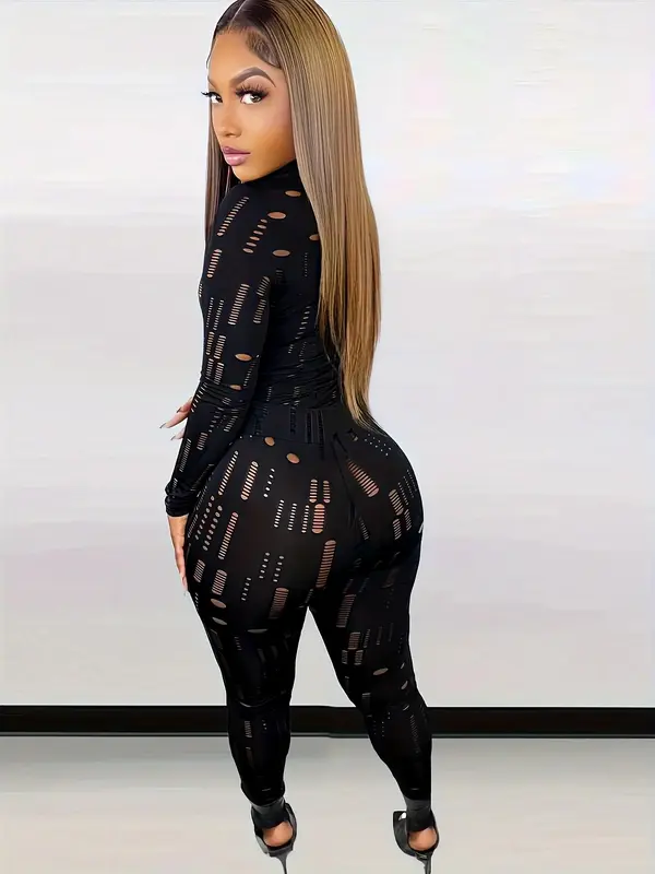 Women's Plain Ripped Long Sleeve High Neck Tee & Skinny Pants Set, Casual Sexy Tight Sleeve Tops & Leggings for Daily Outdoor, Ladies Fall & Winter Clothes Valentine's Day, gift 3