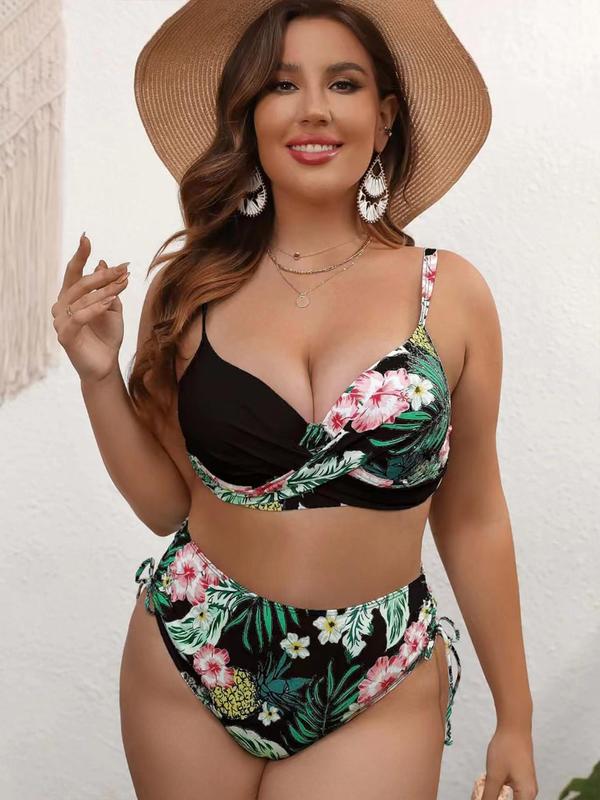 Summer 2024 Plus Tropical Print Wrap Swim Top & Tie Side Swim Panty Curve Bikini Set, New Boho Push Up Swim Top & High Waist Swim Bottom Swimsuit Sets Beach Vacation, Plus Size Bathing Suits For All Seasons, Spring Fashion for Women 8