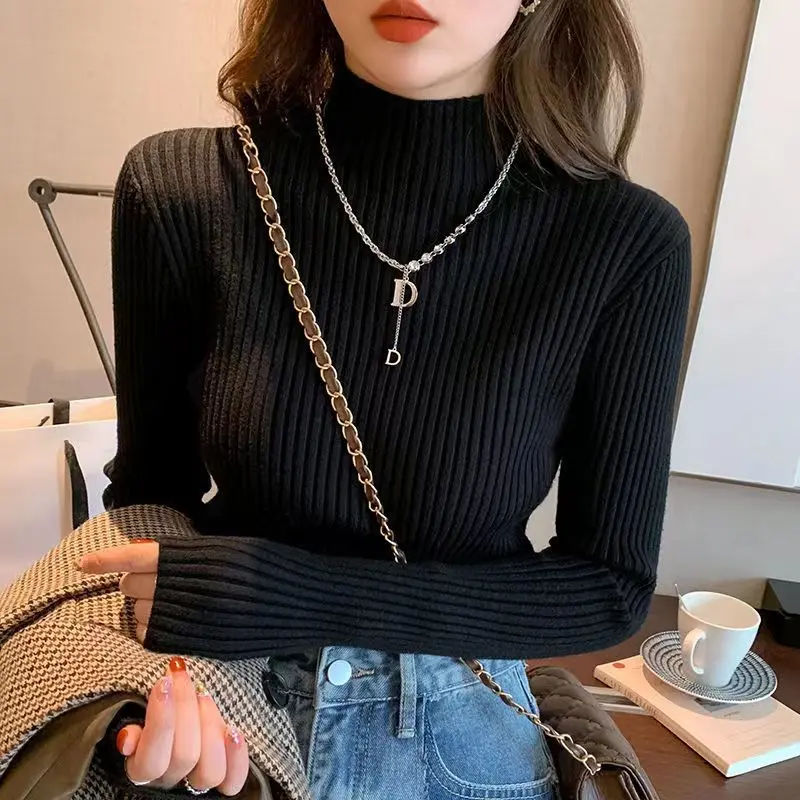 Áo Len Cổ Lọ Nửa Đầu, Cao Cấp, Dành Cho Nữ, Dáng Ôm, Áo Dệt Kim, Thích Hợp Cho Mùa Thu Và Mùa Đông, Thời Trang Mới 2024, Lớp Nền Dày, Dễ Phối Đồ