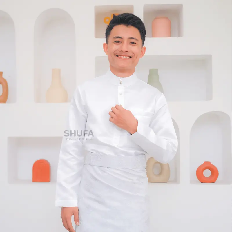 Baju Akad Melayu Pria Cekak Musang Setelan Muslim Kurung Teluk Belanga Putih Bahan Bridal Setelan Pengantin 3