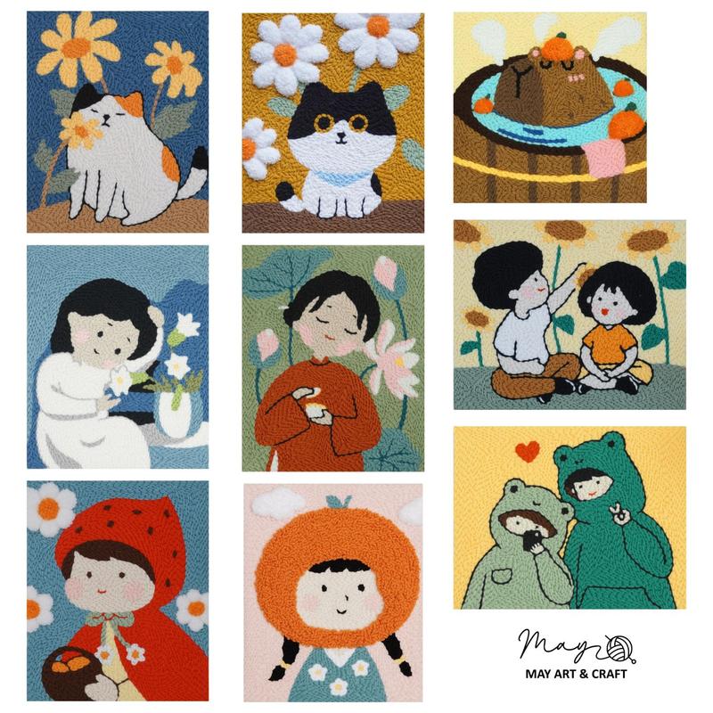 Set thêu tranh len nổi khung gỗ punch needle nhiều mẫu dễ thương Tiệm tạp hoá nhà May Diy