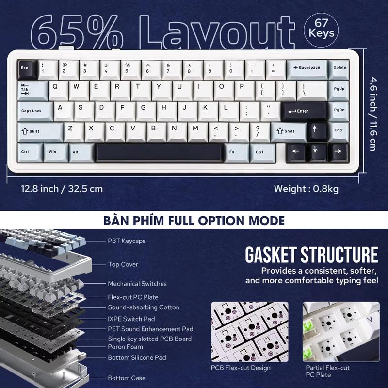 Bàn Phím Cơ 3 Mode AULA F65 Không Dây Bluetooth Layout 65% Gasket Mount Hotswap Led RBG Chính Hãng