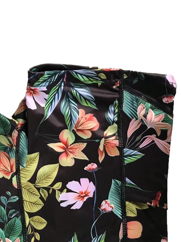 Sporty Women's Floral & Leaf Print Pocket High Waist Sports Skinny Gym Shorts, Casual Comfy Breathable High Stretch Seamless Short Leggings for Yoga Gym Workout Running, Ladies Sportswear 6