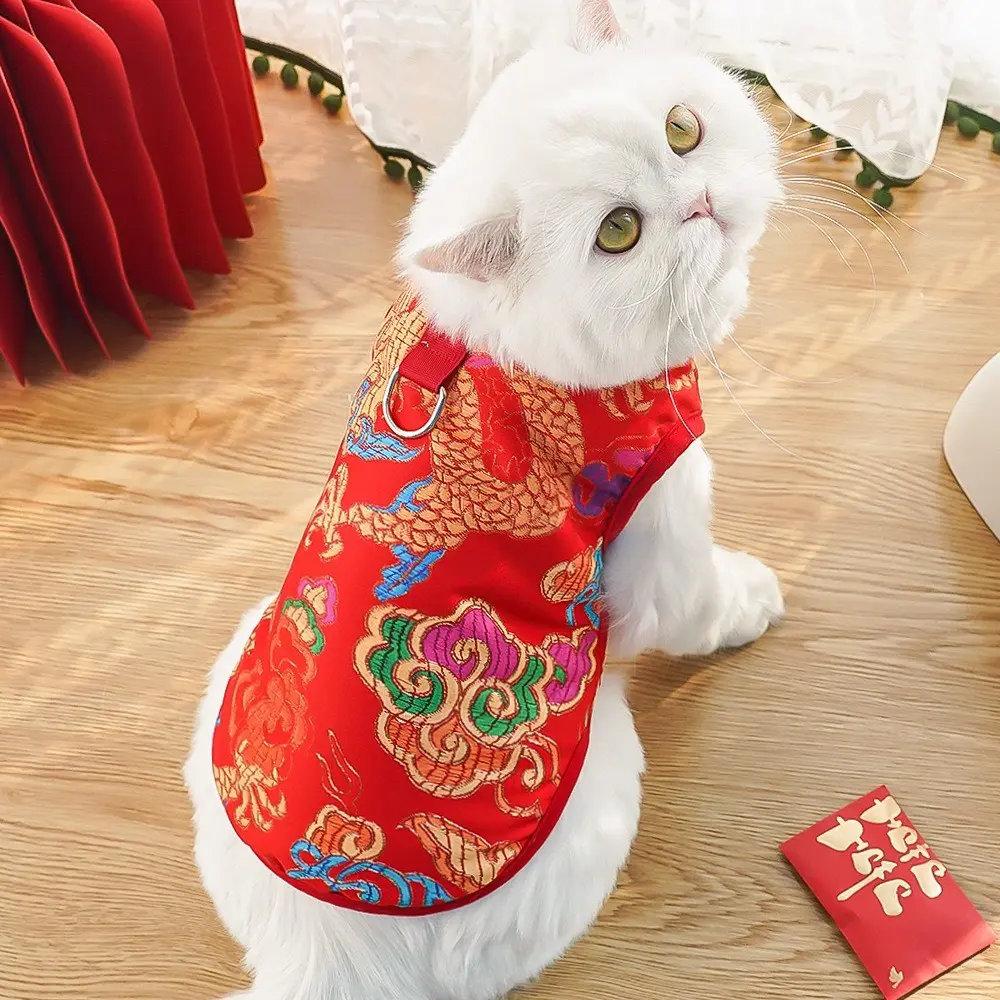 Áo tết dành cho chó mèo áo 3 lỗ hoạ tiết con rồng, có móc dây dắt