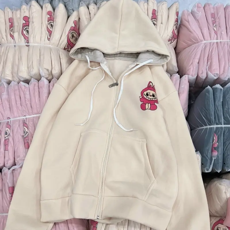 Áo khoác nỉ in hình labubu có nón khoá kéo an534 unisex nam nữ 4