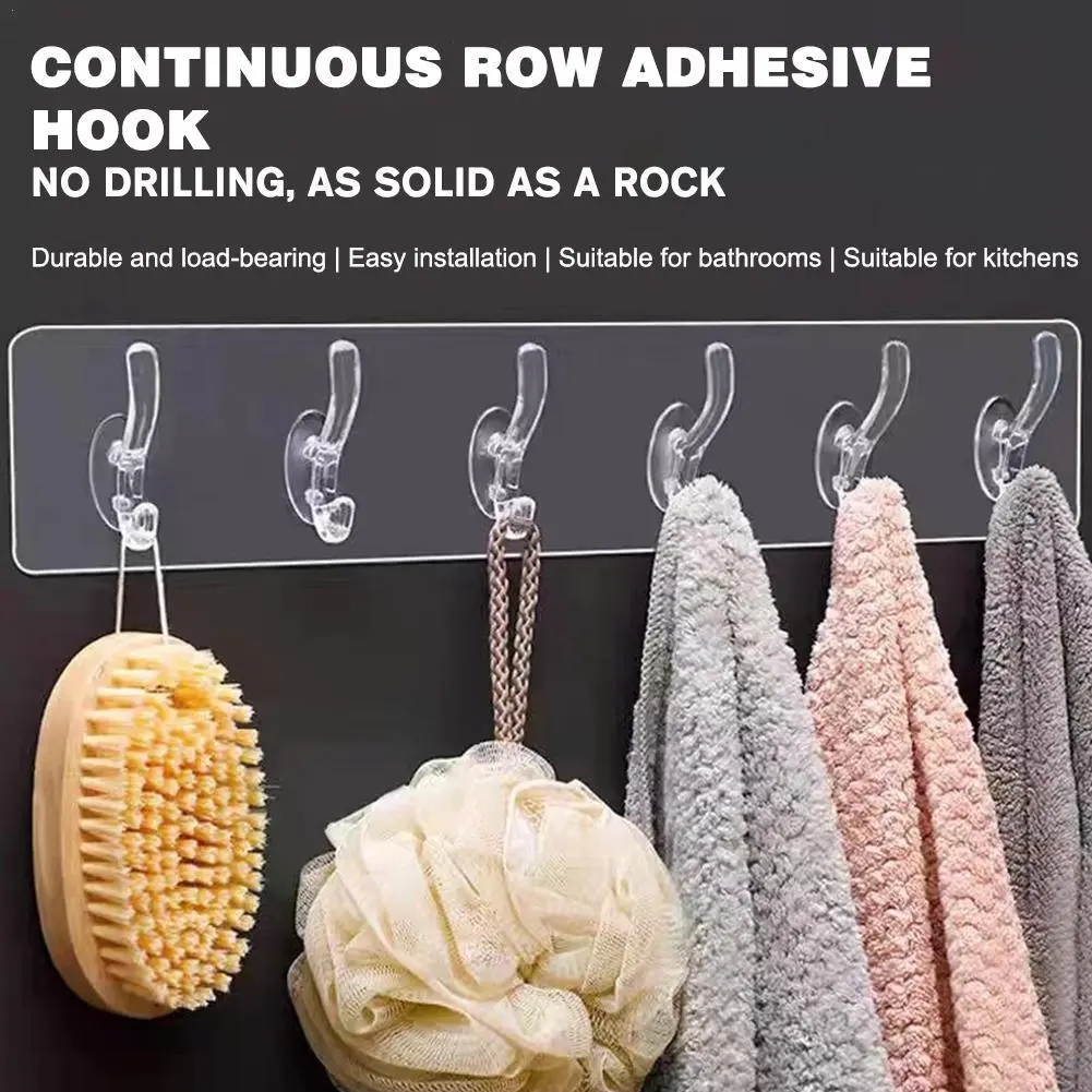 6 Row Transparent Strong Self Adhesive Hook Nail-free Wall Hook Kitchen Bathroom A Row Of Traceless Hooks Wall Hanger Sticke