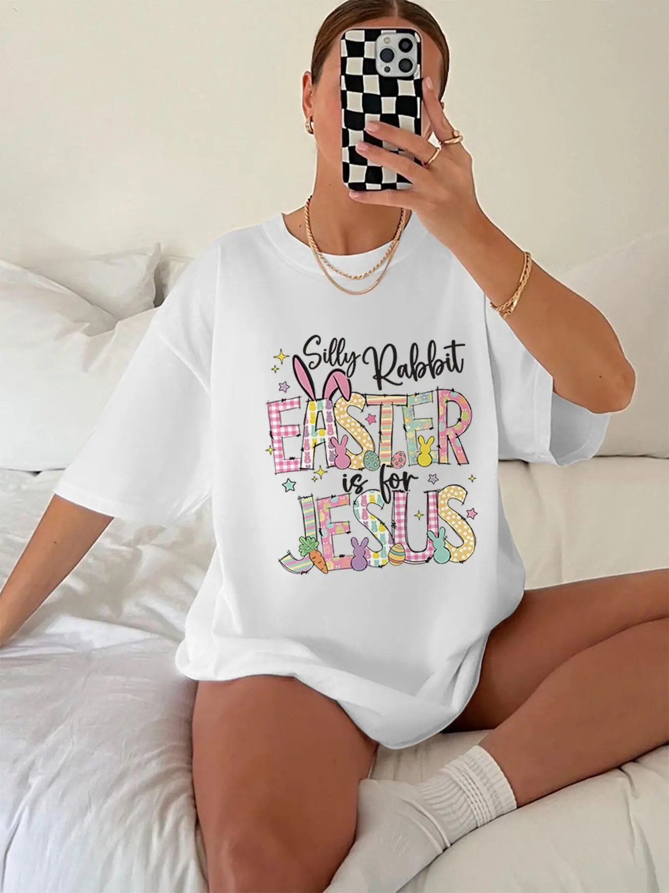 Women's Easter Rabbit Ear & Letter Print Drop Shoulder Tee, Casual Cute Graphic T-shirt for Daily Wear, Ladies Clothes for All Seasons
