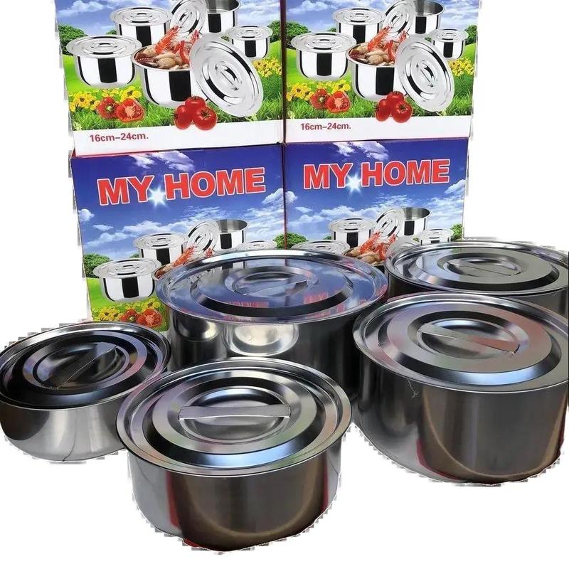 Bộ 5 Nồi Inox Cao Cấp Kèm Nắp Đậy 5 size, nồi inox không quai kèm nắp size 16;18;;20;22:24cm