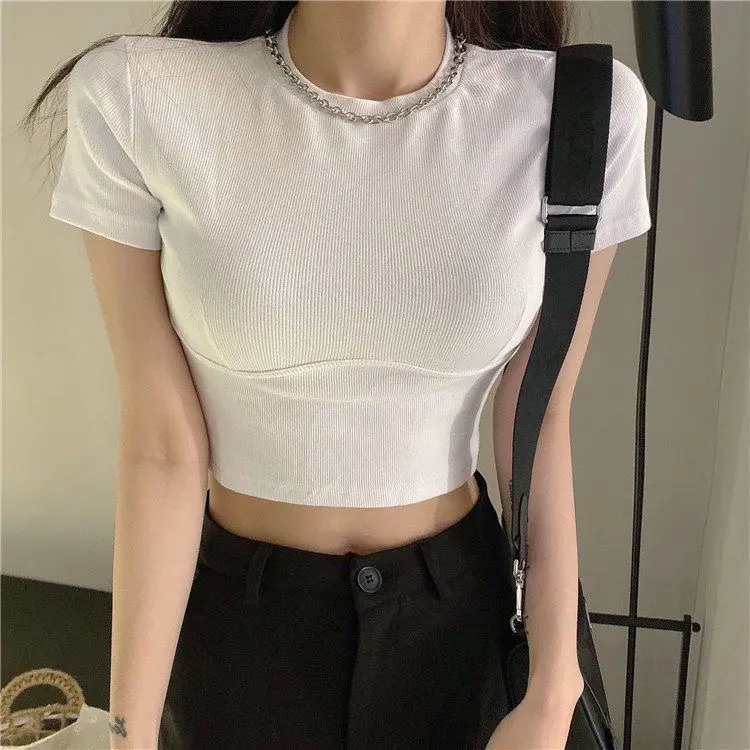 Women Short Sleeve Crew Neck Crop Top Plain 2270