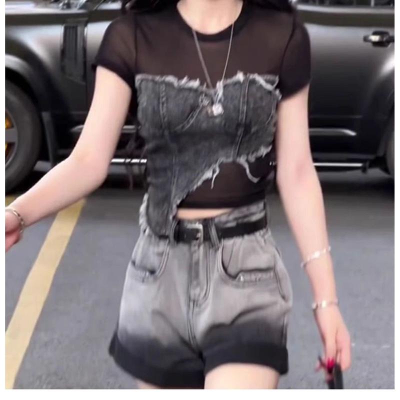 Áo Phông Ngắn Tay, Dành Cho Nữ, Khâu Denim, Lưới, Ngọt Ngào Và Ngầu, Thiết Kế Bất Đối Xứng Cô Gái Nóng Bỏng, Mỏng Vừa Vặn 3