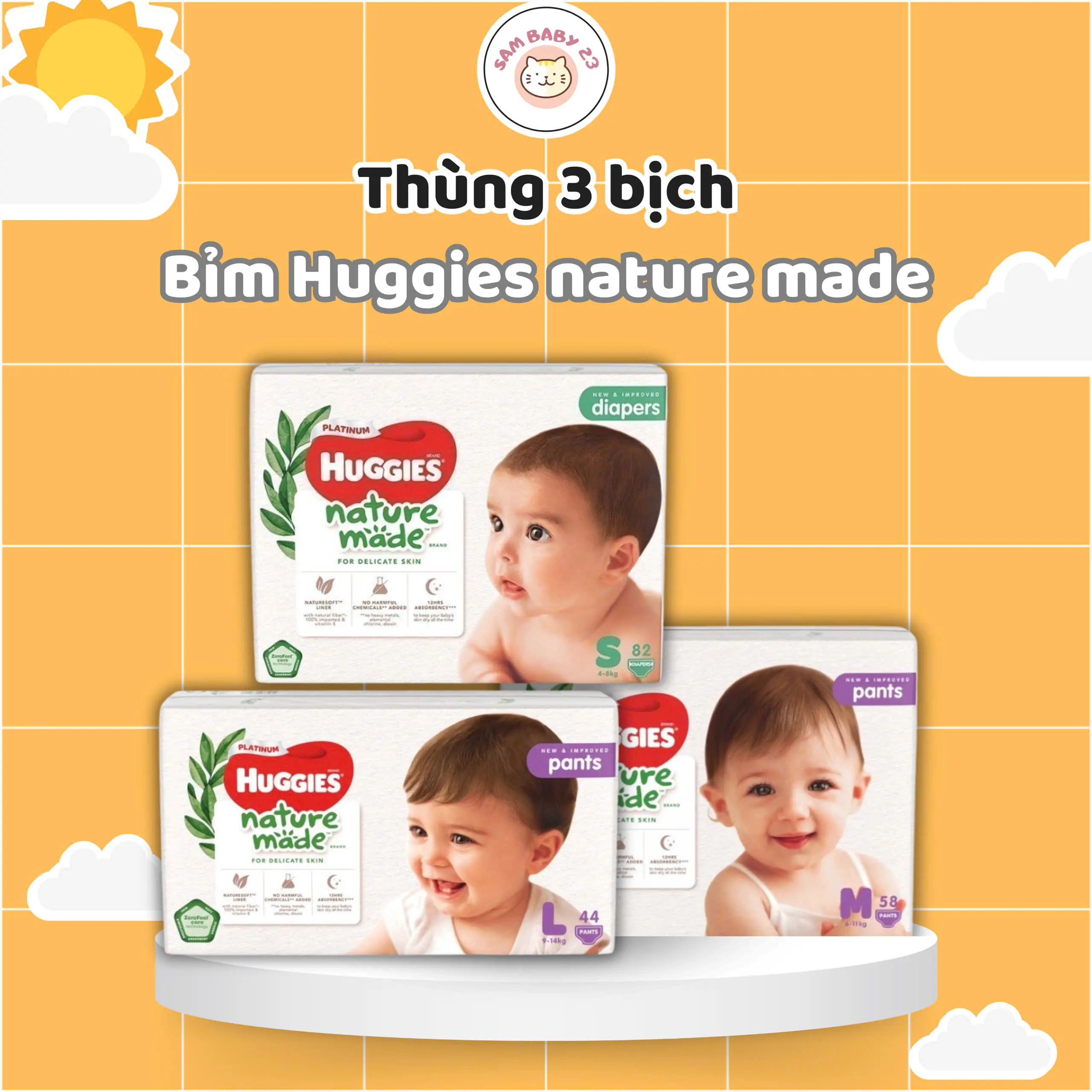 [COMBO 3 BỊCH] Tã/Bỉm Dán Quần Huggies Platinum Nature Made cho bé size NB60/S82/M64/L54/M58/L44/XL38/XXL26