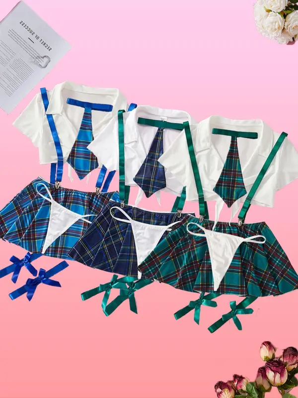 Women's Plain Knot Front Crop Top & Plaid Print Pleated Suspender Skirt & Thong & Tie & Bow Decor Thigh Band Set, Sexy Fit School Girl Adjustable Costume Set, Underwear Sets, Women's Lingerie & Underwear for All Seasons, Clothes, Womenswear, Cosplay 5