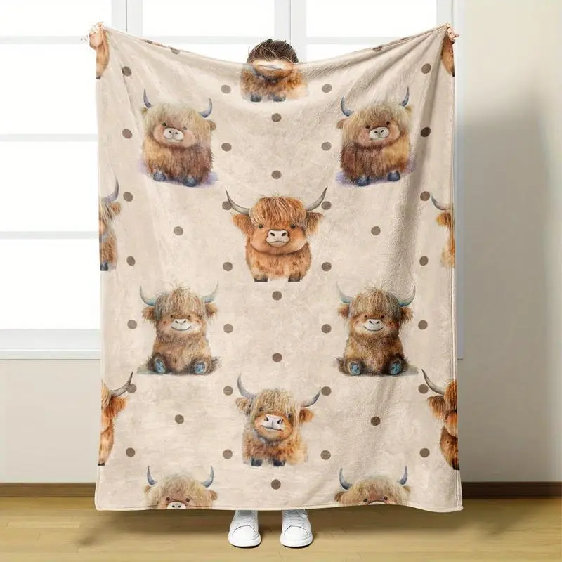 Highland Cow Print Flannel Blanket, 1 Count Soft Comfortable Throw Blanket, Air-conditioned Room Blanket, Warm Nap Blanket for Home Office Travel Camping