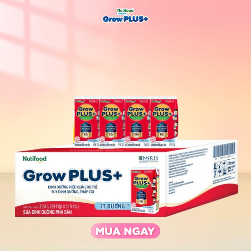 Thùng 24 hộp 110ml Sữa Bột Pha Sẵn Nutifood GrowPLUS+ Suy Dinh Dưỡng (Đỏ) Ít đường Men Vi Sinh Cho Bé