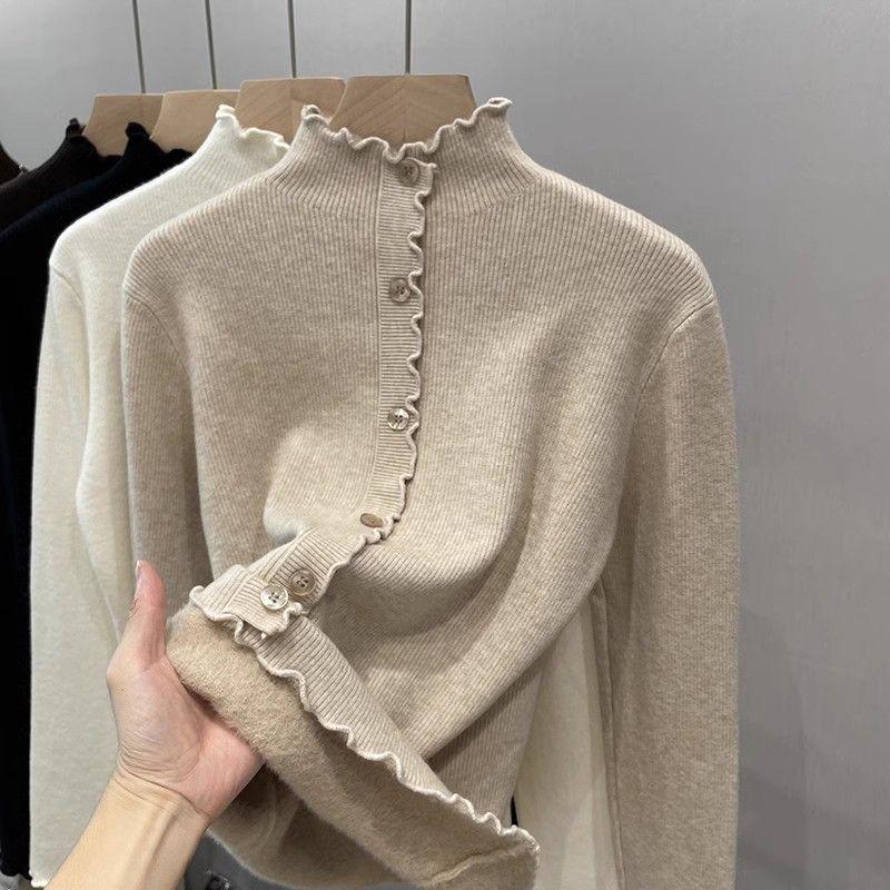 Áo Len Đồ Lót Dày Dặn, Dây, Cổ Lọ Nửa, Lót Lông Cừu, Lót Lông Cừu Một Lớp, Thích Hợp Cho Mùa Thu Và Mùa Đông Của Phụ Nữ, Áo Dệt Kim, Dễ Phối Đồ Bên Trong Giữ Nhiệt