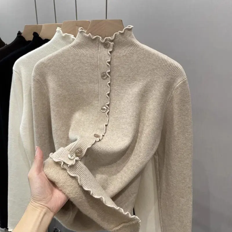 Áo Len Đồ Lót Dày Dặn, Dây, Cổ Lọ Nửa, Lót Lông Cừu, Lót Lông Cừu Một Lớp, Thích Hợp Cho Mùa Thu Và Mùa Đông Của Phụ Nữ, Áo Dệt Kim, Dễ Phối Đồ Bên Trong Giữ Nhiệt 0