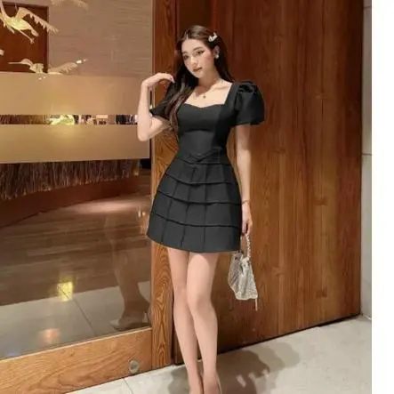 Váy đầm thời trang nữ dự tiệc chất cotton lạnh áo có mút ngực tay phồng váy xòe midi ô vuông dễ thương siêu xinh